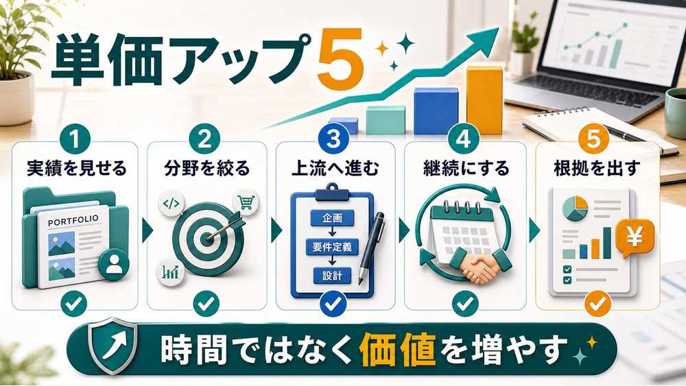 AI副業の単価アップ5レバーを説明する図解