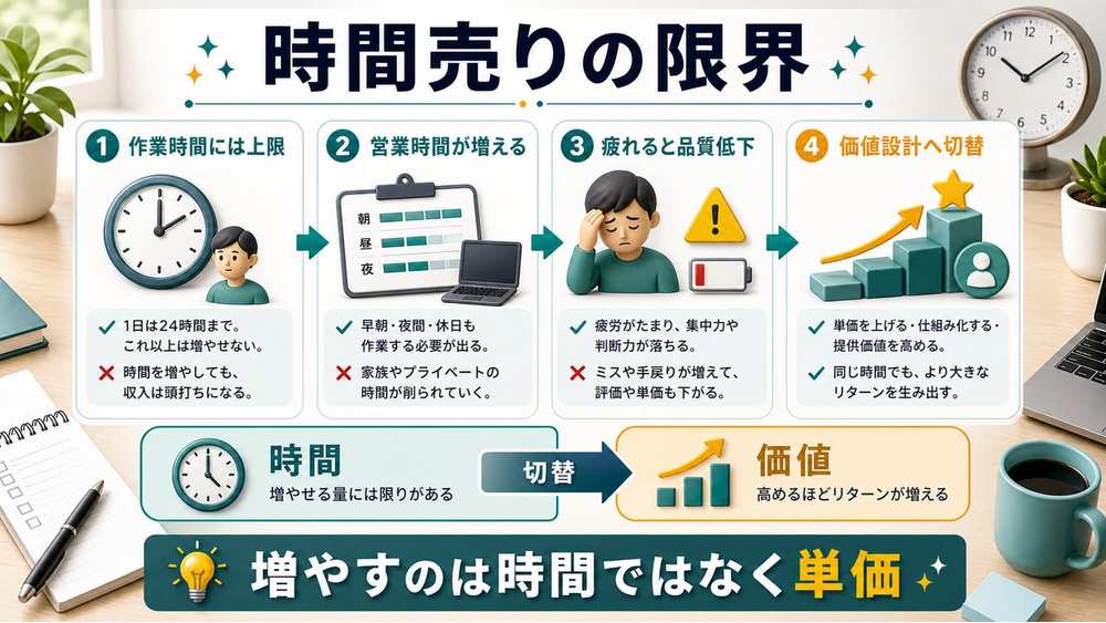 作業量を増やすだけでは頭打ちになる理由を説明する図解