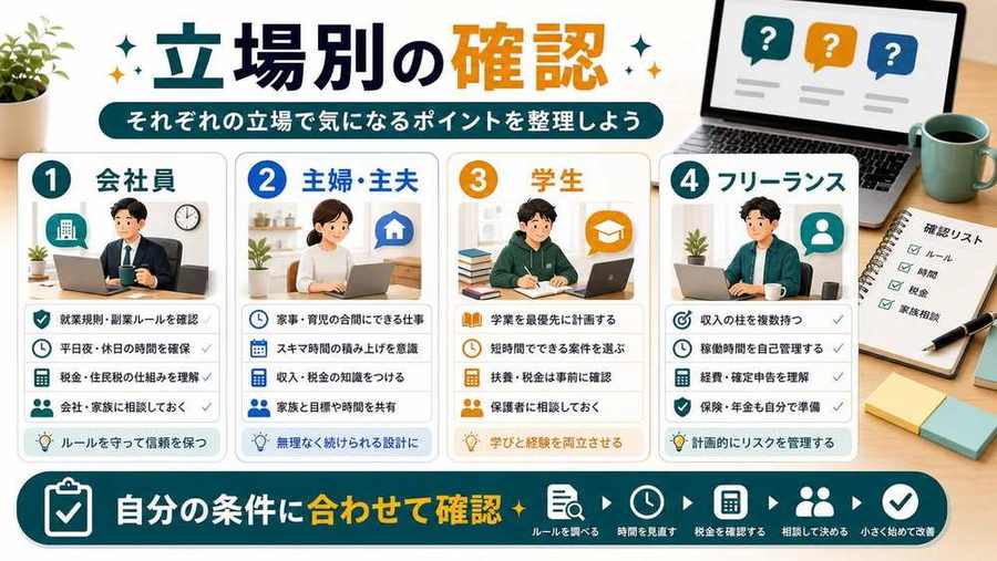会社員・主婦・学生など立場別のAI副業の疑問を整理した図解