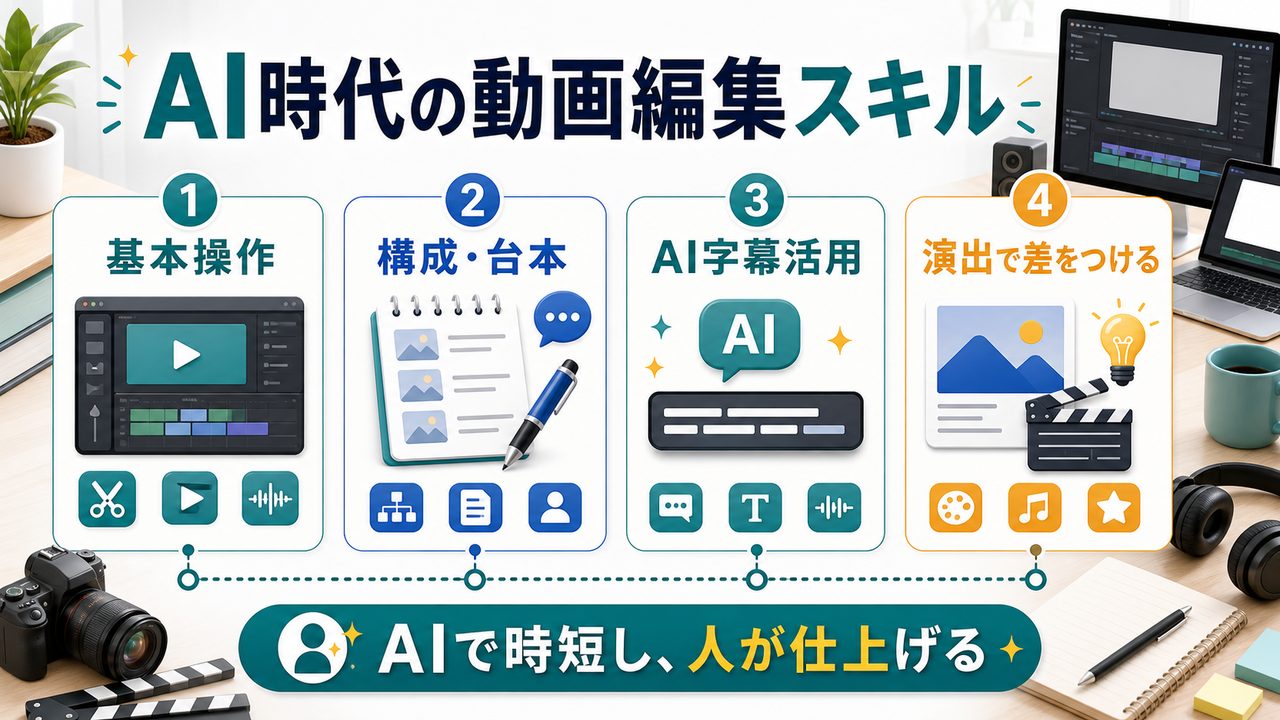 AI時代の動画編集で必要なスキルを説明する図解