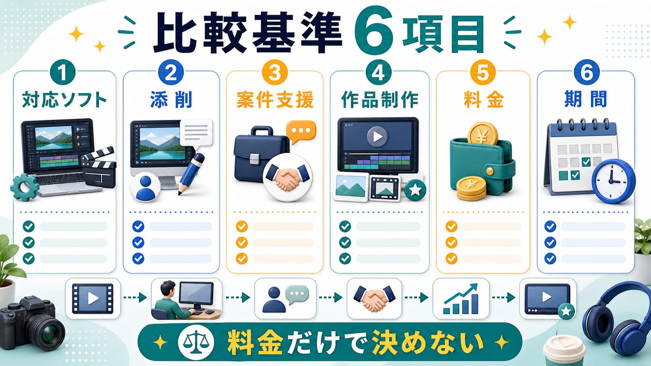 動画編集スクールを比較する6項目を説明する図解