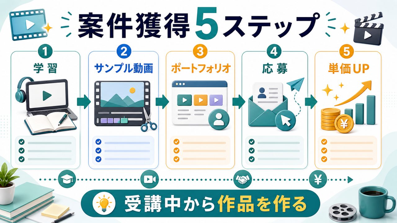 動画編集スクール卒業後に案件獲得まで進む流れを説明する図解