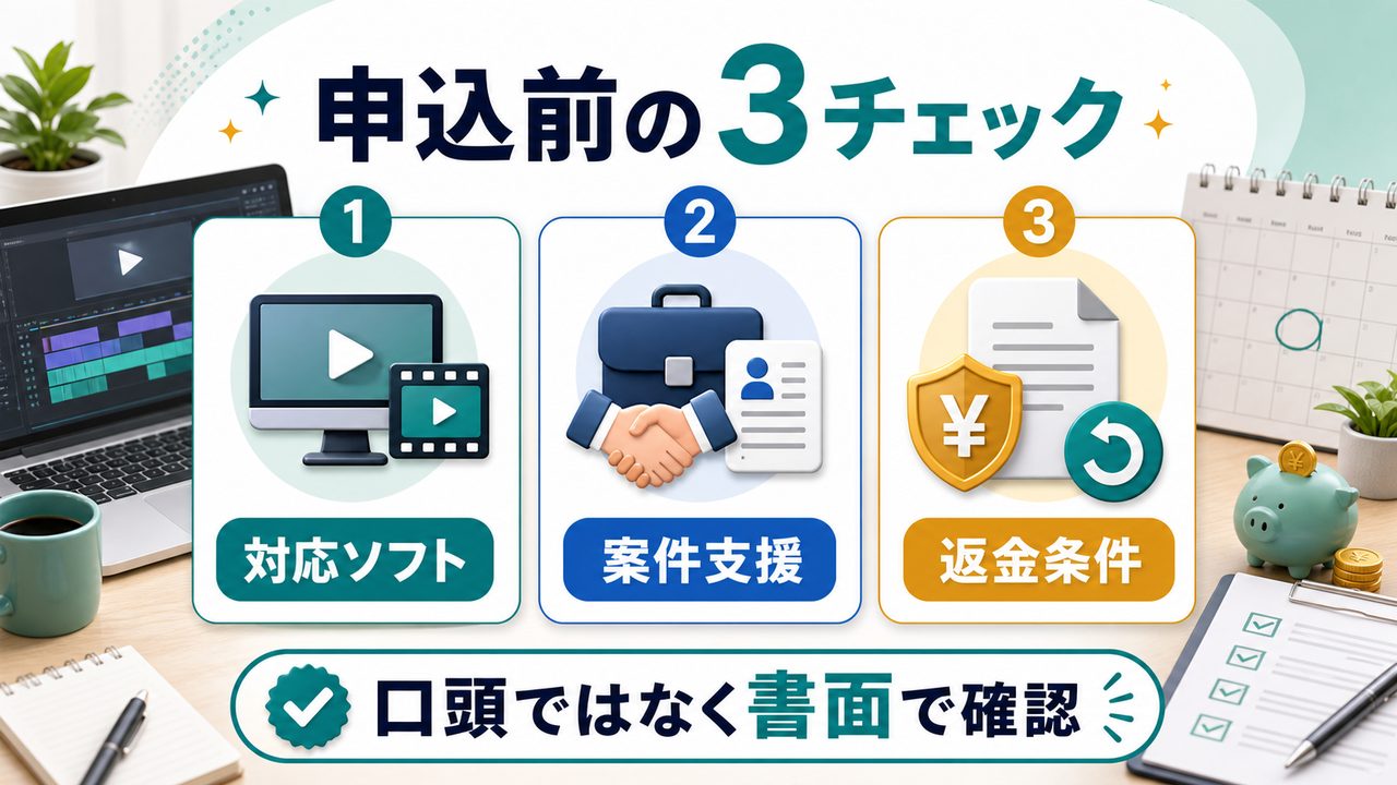 動画編集スクール申込前に確認すべき3項目を説明する図解