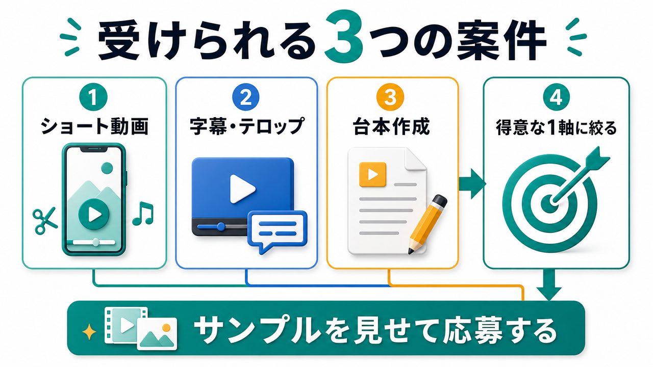 AI動画編集で受けられるショート動画・字幕テロップ・台本作成案件を説明する図