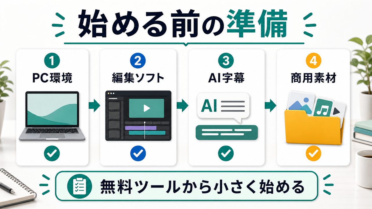 AI動画編集を始める前に揃えるPC環境・編集ソフト・AI字幕・商用素材を説明する図