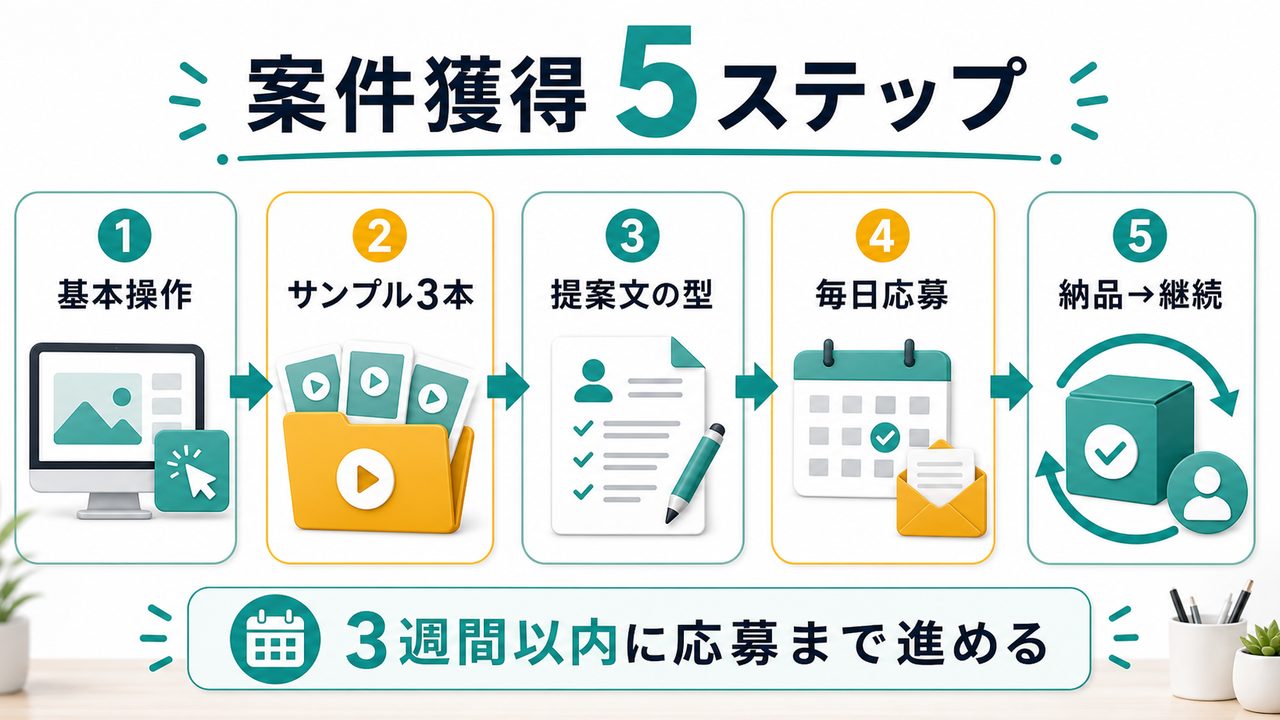 AI動画編集で未経験から案件を取る5つのステップを説明する図