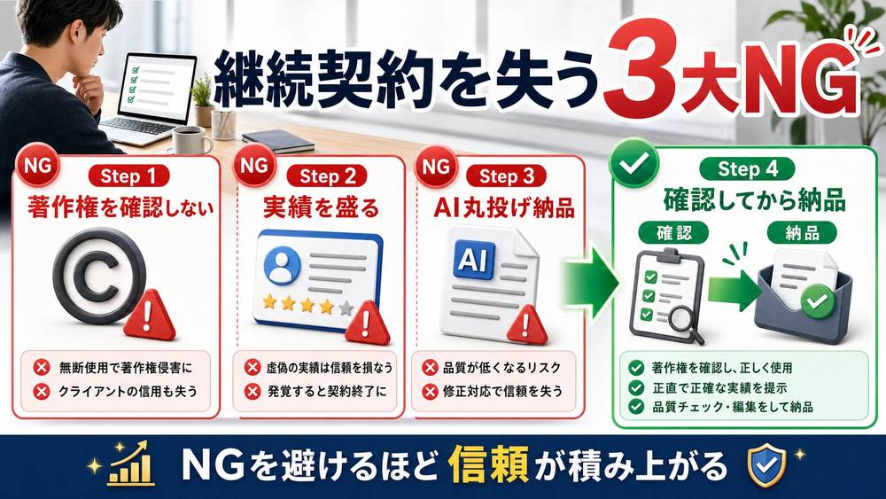 AI副業で継続契約を失う3大NGを説明する図