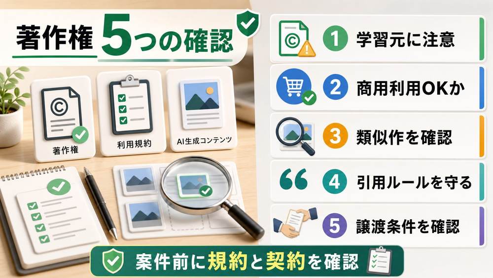 AI生成コンテンツの著作権で確認する5項目を説明する図