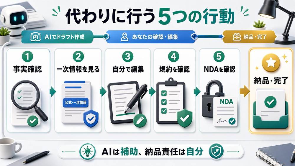 AI副業でNG行動の代わりに行う5つの行動を説明する図
