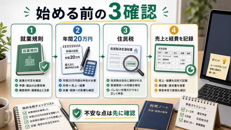 会社員がAI副業を始める前に確認する法律と社内ルールを説明する図