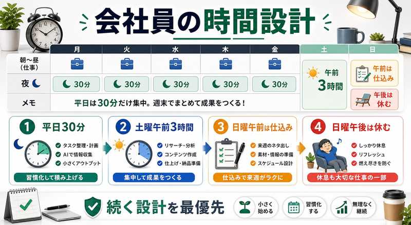 会社員がAI副業を続けるための平日夜と休日の時間設計を説明する図