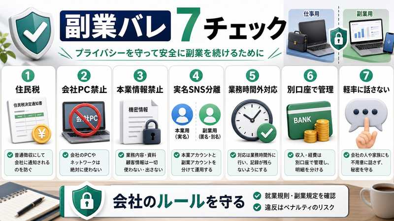会社員が副業バレを避けるための7つのチェックを説明する図