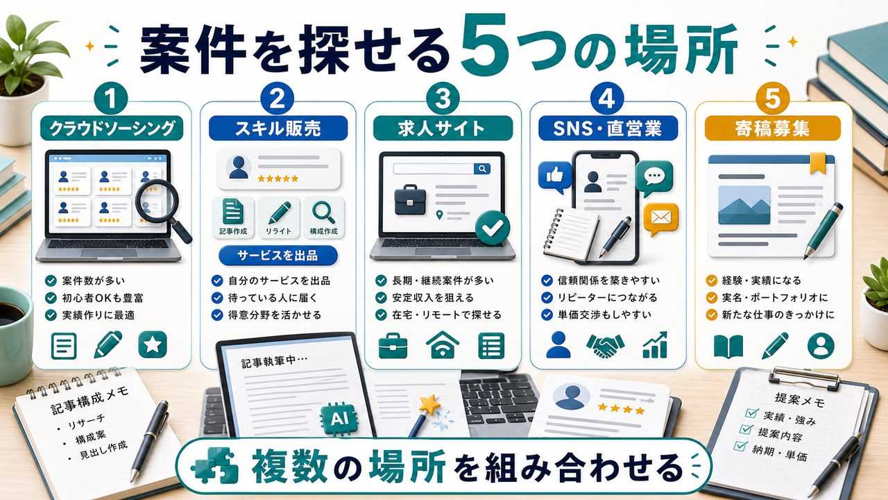 AIライター案件を探せる5つの場所を説明する図解