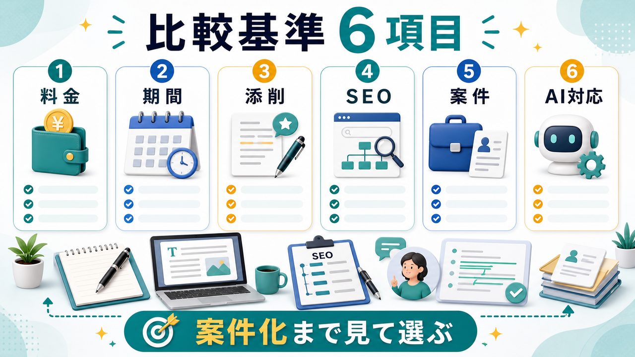 Webライター講座を比較する6項目を説明する図解