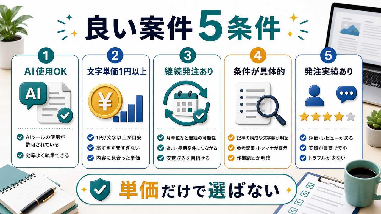 AIライター初心者が選ぶべき良い案件の条件を説明する図解