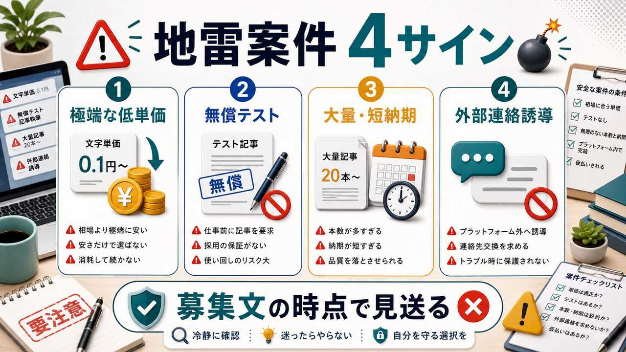 AIライターが避けるべき地雷案件の4サインを説明する図解