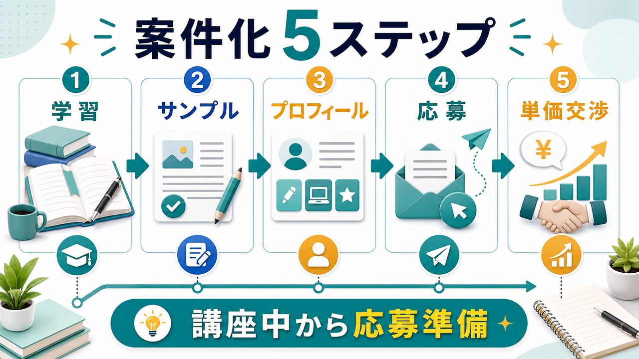 AIライターとして案件化する5ステップを説明する図解