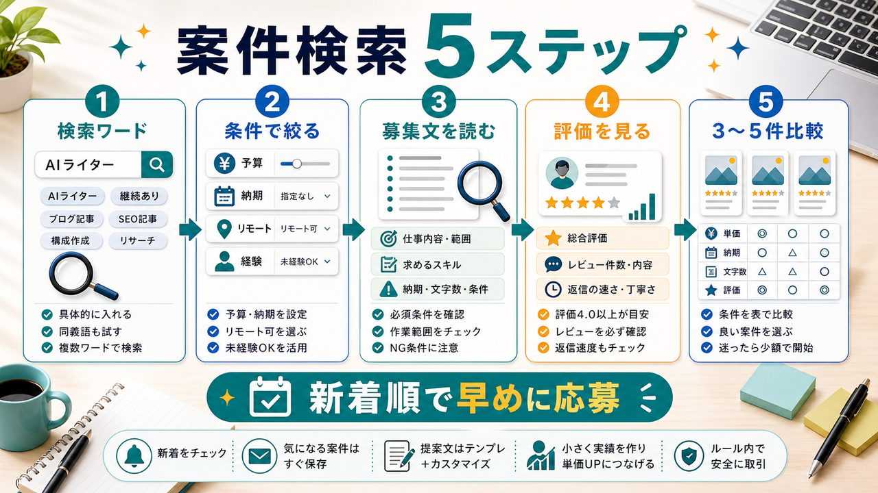 AIライター案件検索のキーワードと応募前チェックを説明する図解