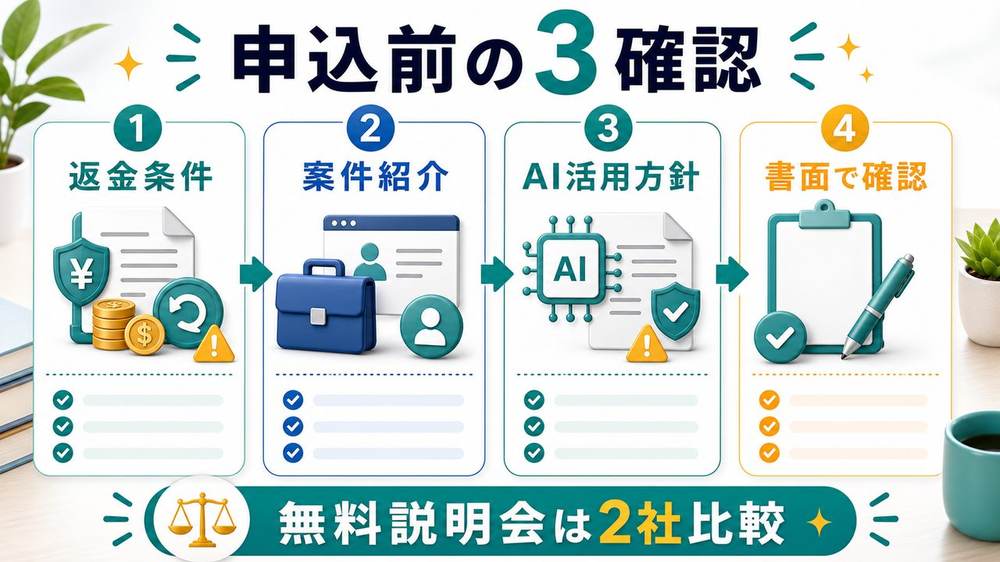 Webライター講座申込前に確認する3項目を説明する図解