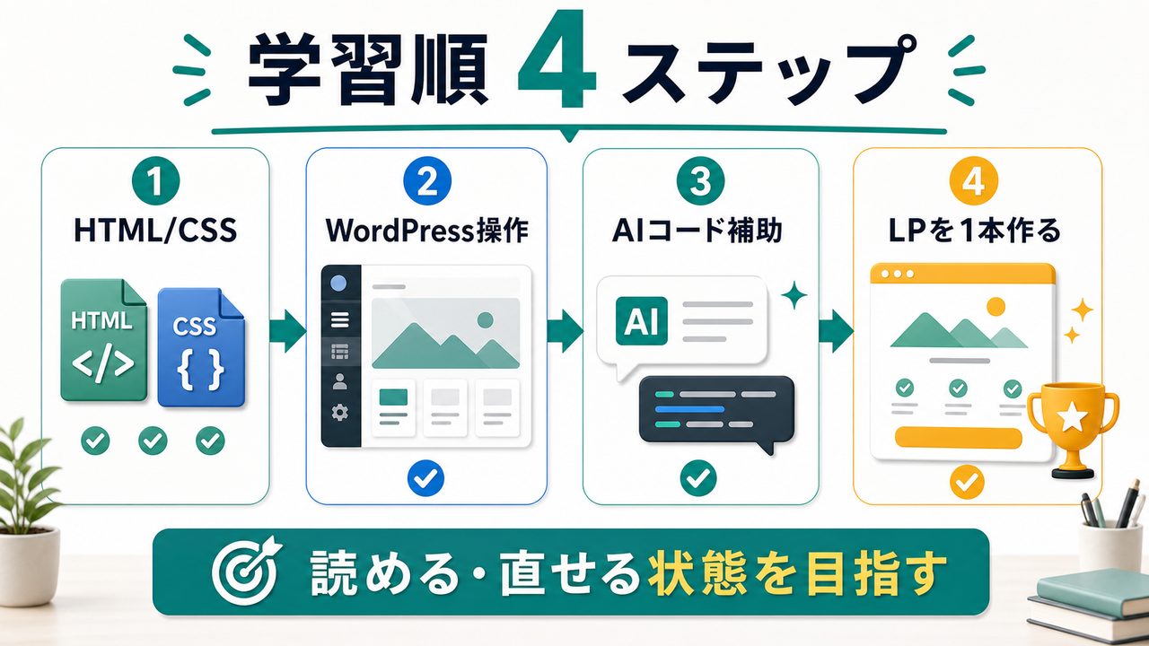AI活用Web制作で必要なスキルと学習順を説明する図
