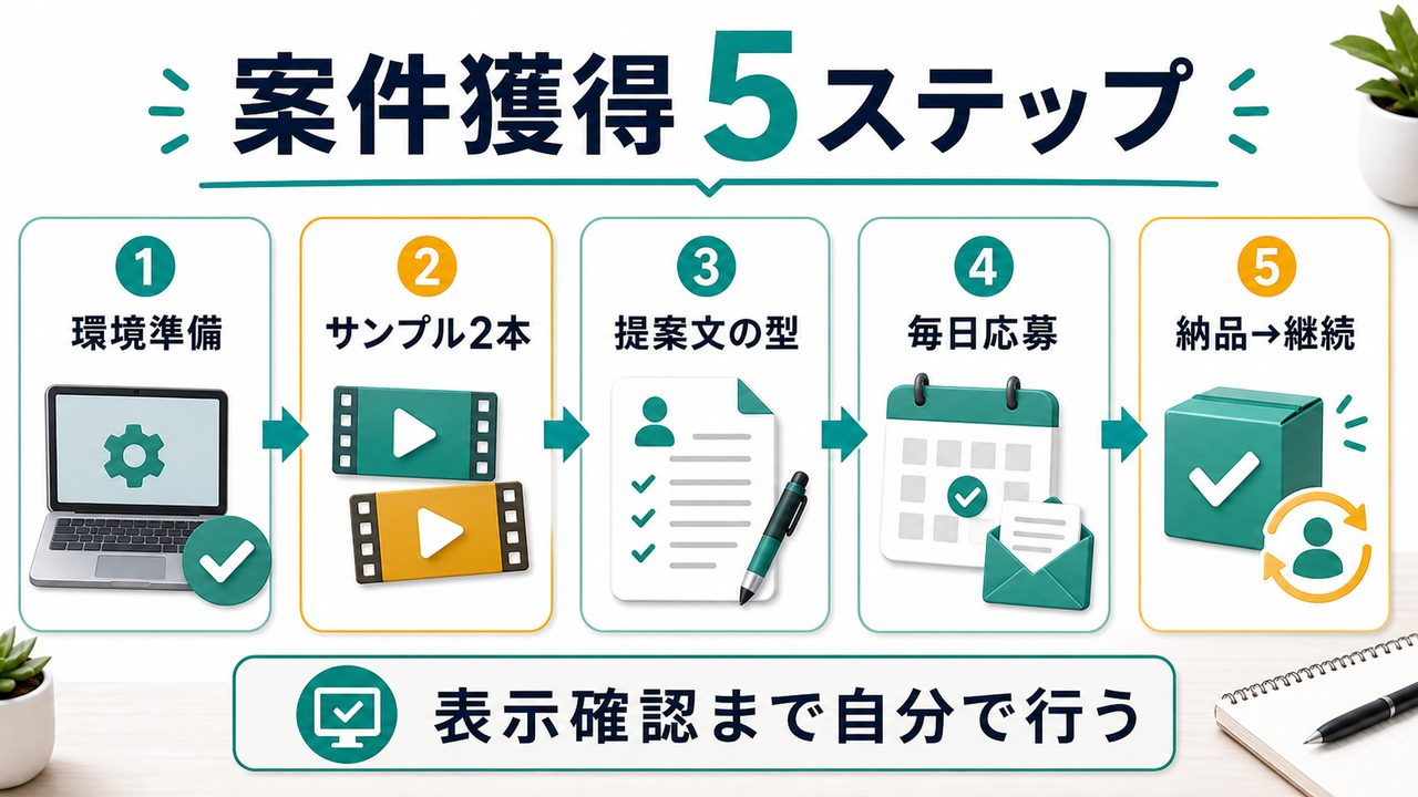 AI活用Web制作で案件を取る5つのステップを説明する図