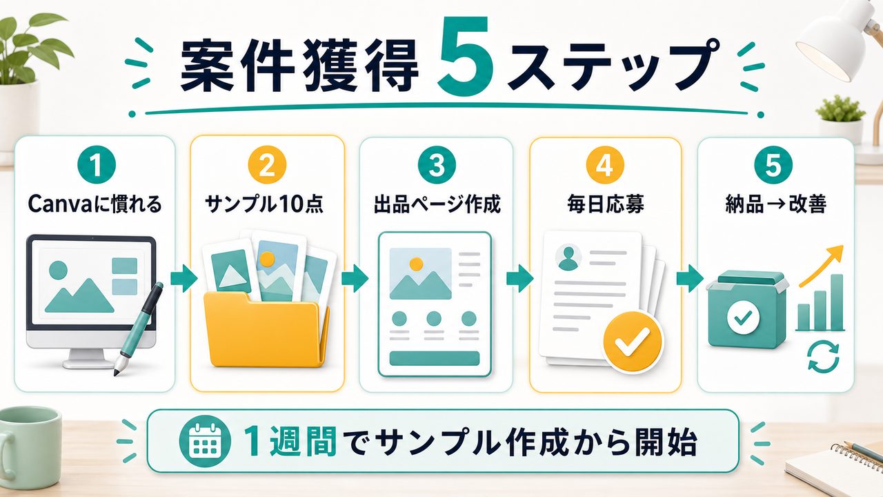 Canva AI副業で未経験から案件を取る5つのステップを説明する図