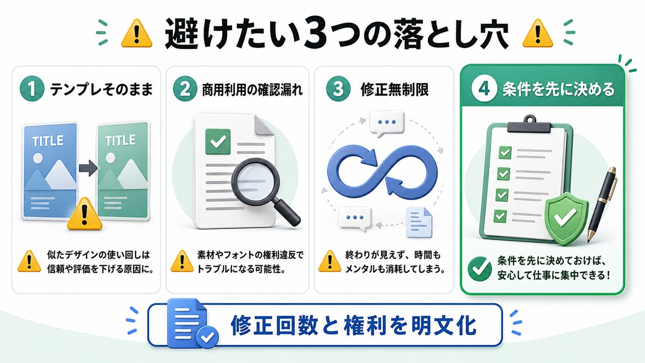 Canva副業で避けたいテンプレそのまま納品・商用利用確認漏れ・修正無制限を説明する図