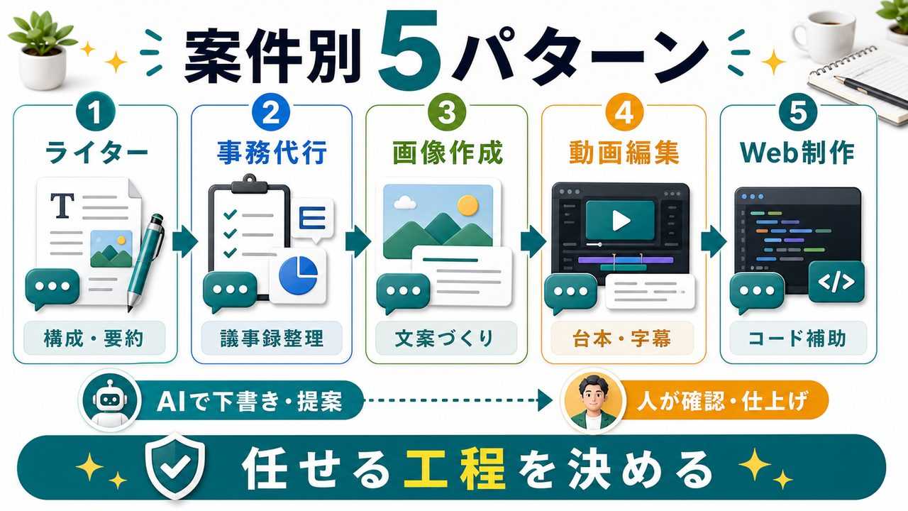ChatGPTを副業案件別に使う5パターンを説明する図解