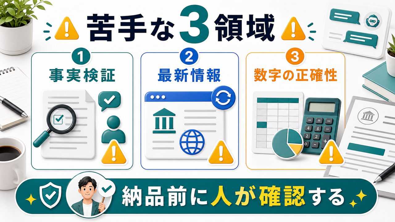 ChatGPTが苦手な3つの領域を説明する図解