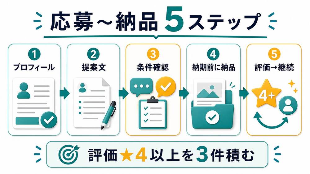 クラウドワークスで応募から納品までの5ステップを説明する図