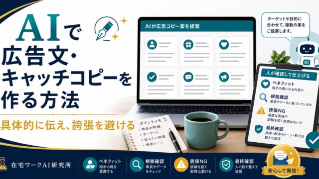 AIで広告文とキャッチコピーを具体的に伝え誇張を避けて作る流れのアイキャッチ画像
