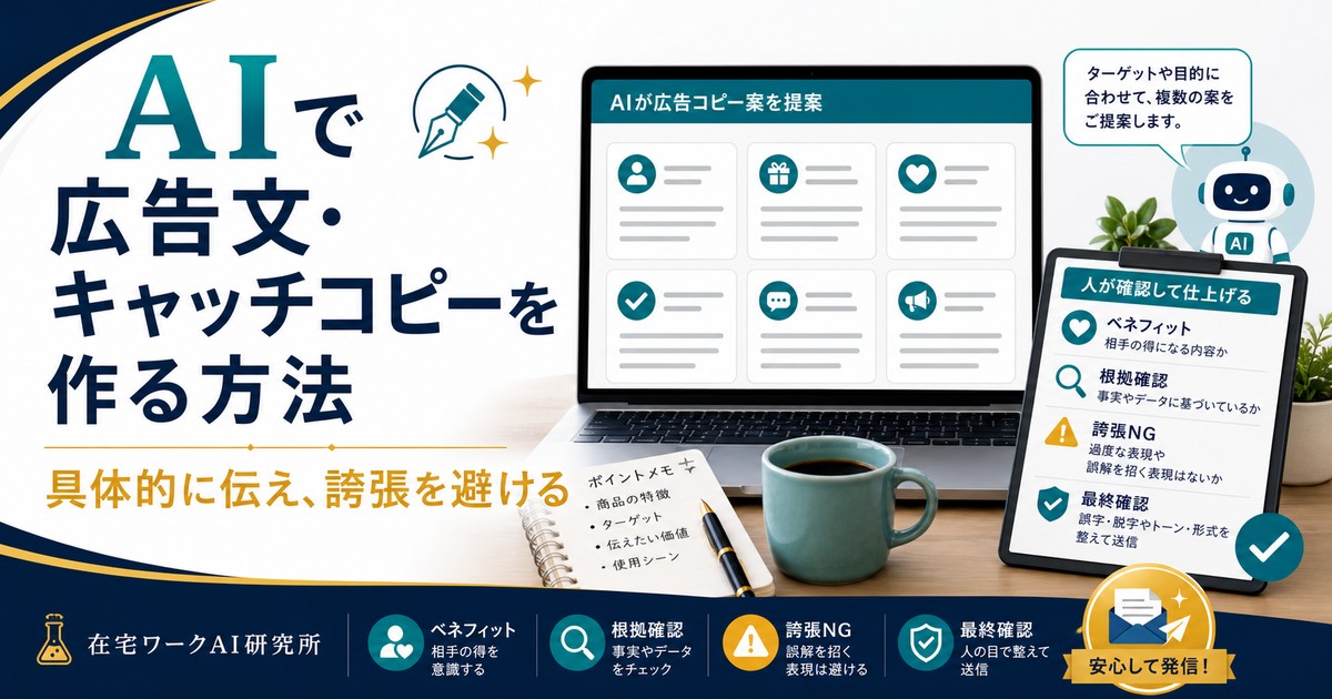 AIで広告文とキャッチコピーを具体的に伝え誇張を避けて作る流れのアイキャッチ画像