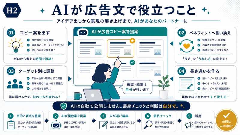 AIがコピー案出しベネフィット言い換えターゲット別調整長さ違い作成に役立つことを示す図