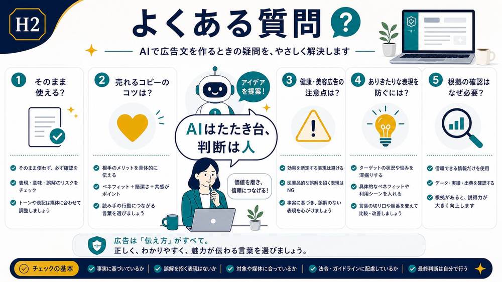 AI広告文をそのまま使えるか売れるコピーのコツ健康美容広告の注意根拠確認を整理するFAQ図