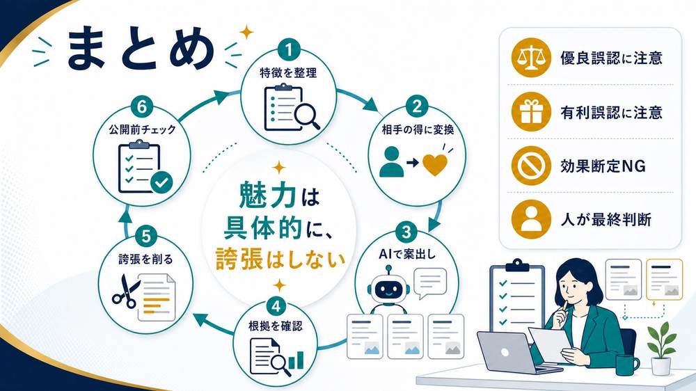 特徴整理相手の得への変換AI案出し根拠確認誇張削除公開前チェックをまとめた広告文作成図