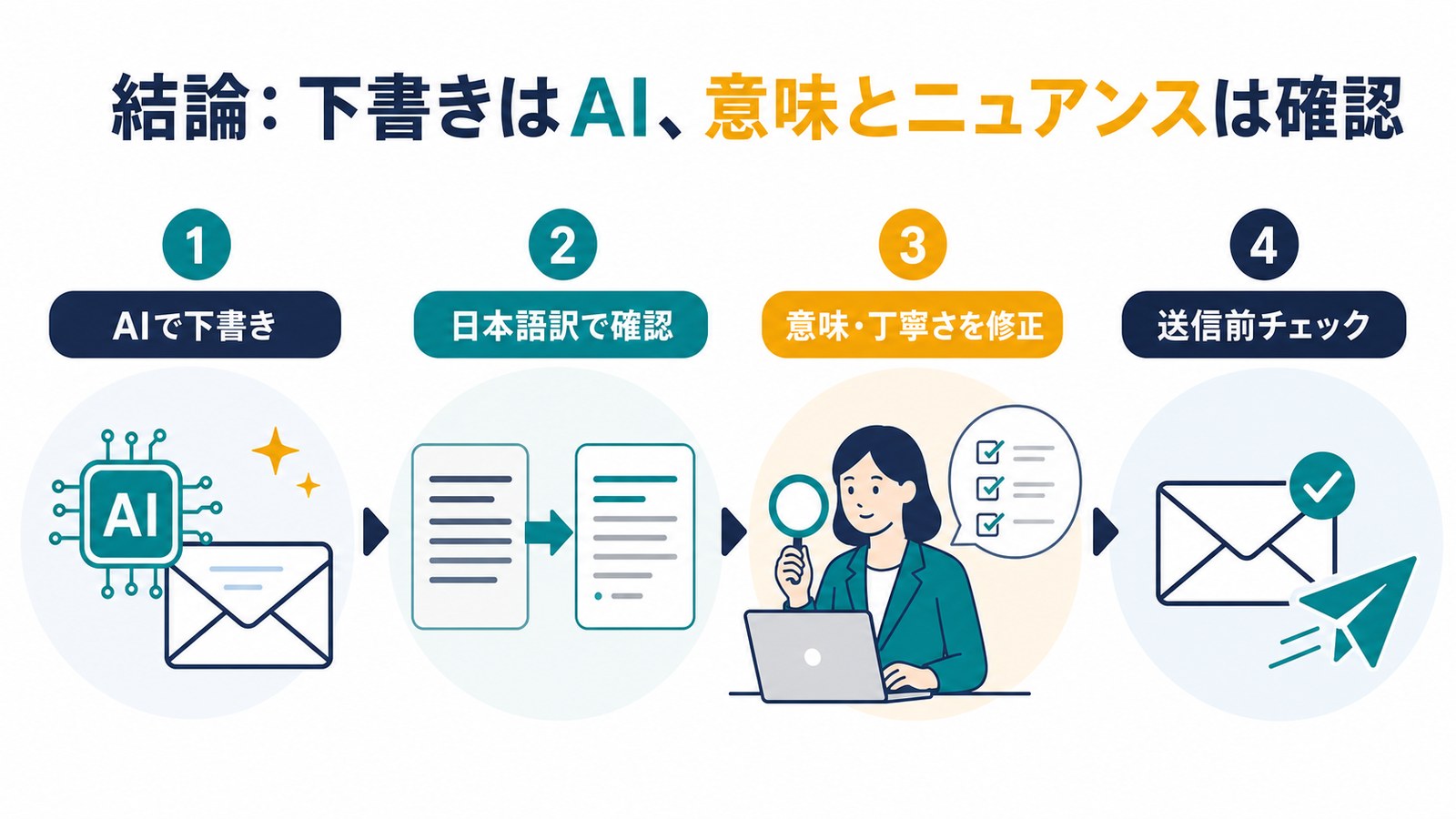 AIで英文メールの下書きを作り日本語訳で意味と丁寧さを確認してから送信する流れの図