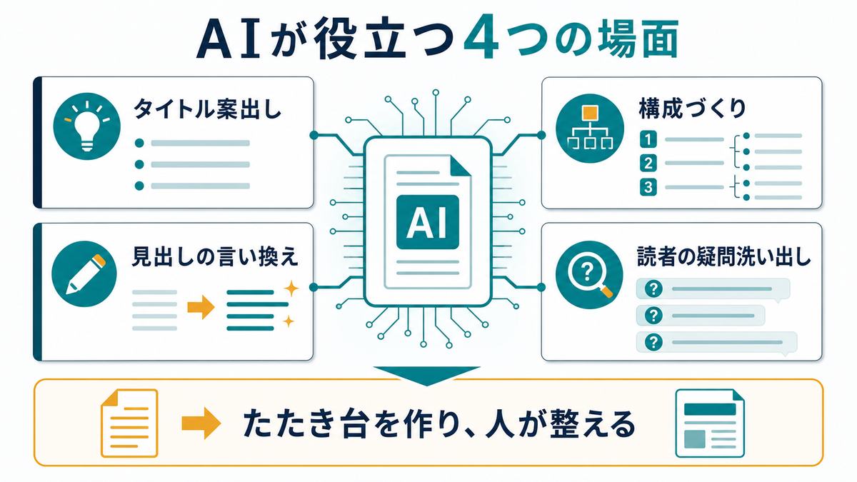 AIがブログのタイトル案出し構成づくり見出し改善読者疑問の洗い出しに役立つ図