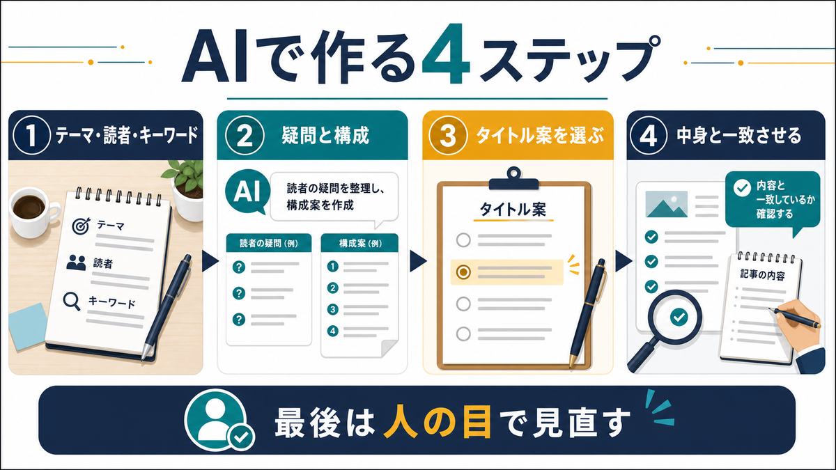 AIでブログのテーマ読者キーワード構成タイトル見直しを進める4ステップの図