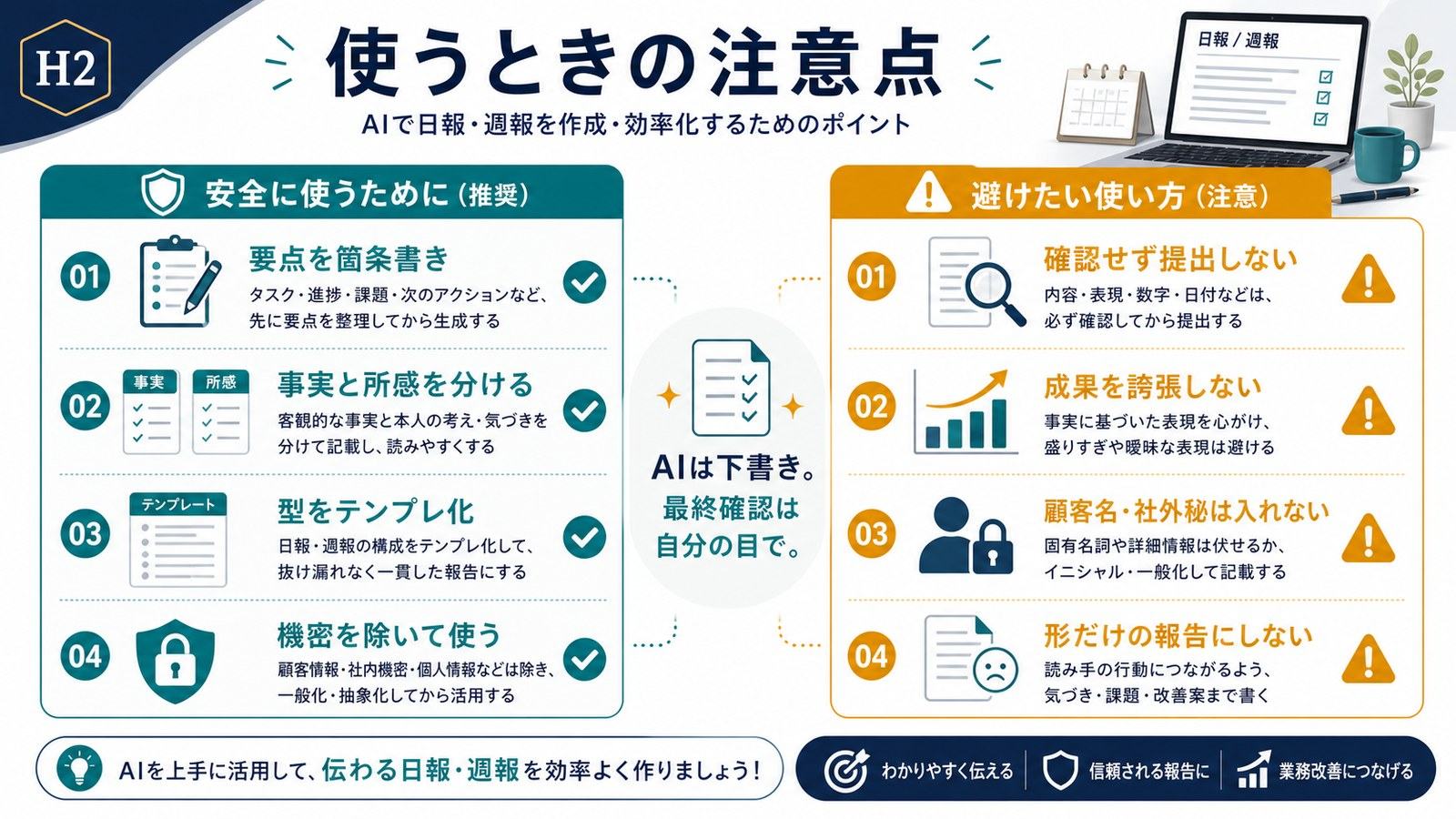 AI日報週報で確認せず提出しない成果を誇張しない顧客名社外秘を入れない注意点の図