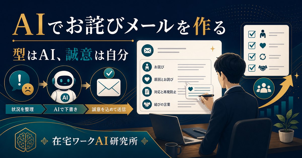 AIでお詫びメールの型を整え誠意は自分の言葉で込める流れを示すアイキャッチ
