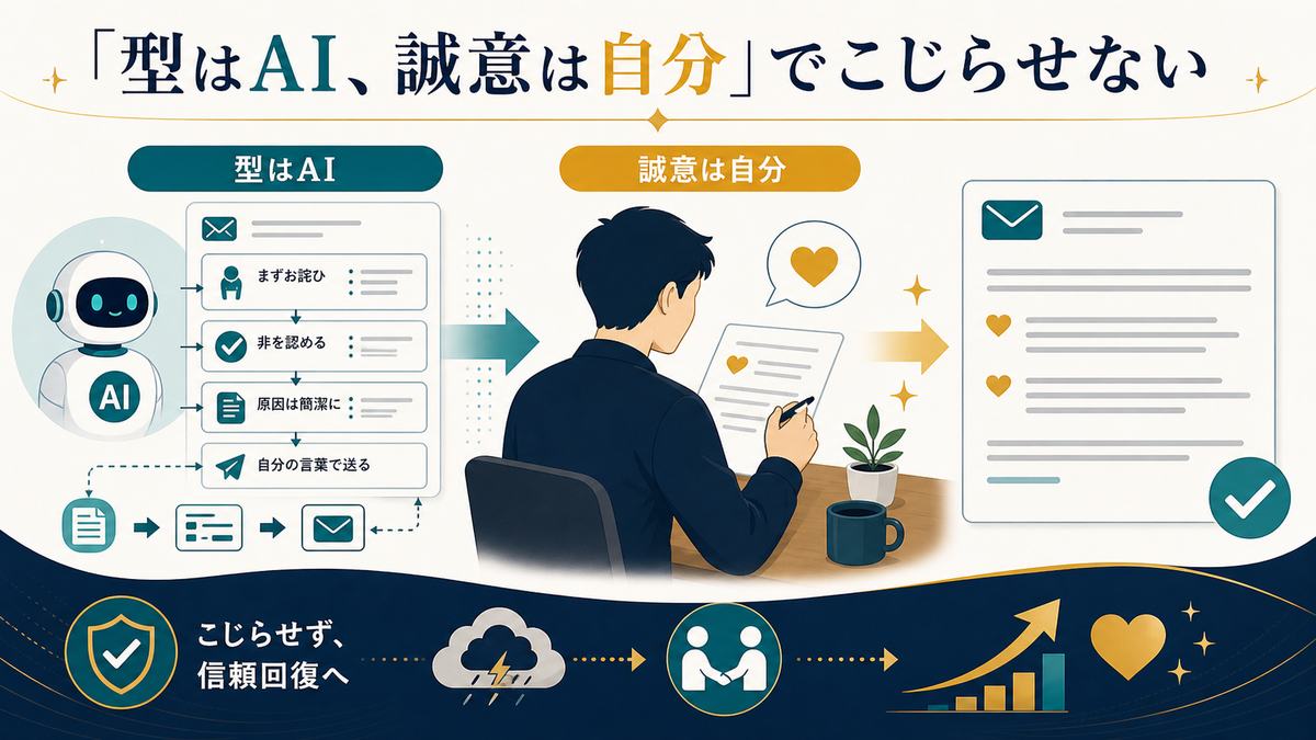 AIで謝罪文の型を整え誠意は自分の言葉で込める流れを示す図解