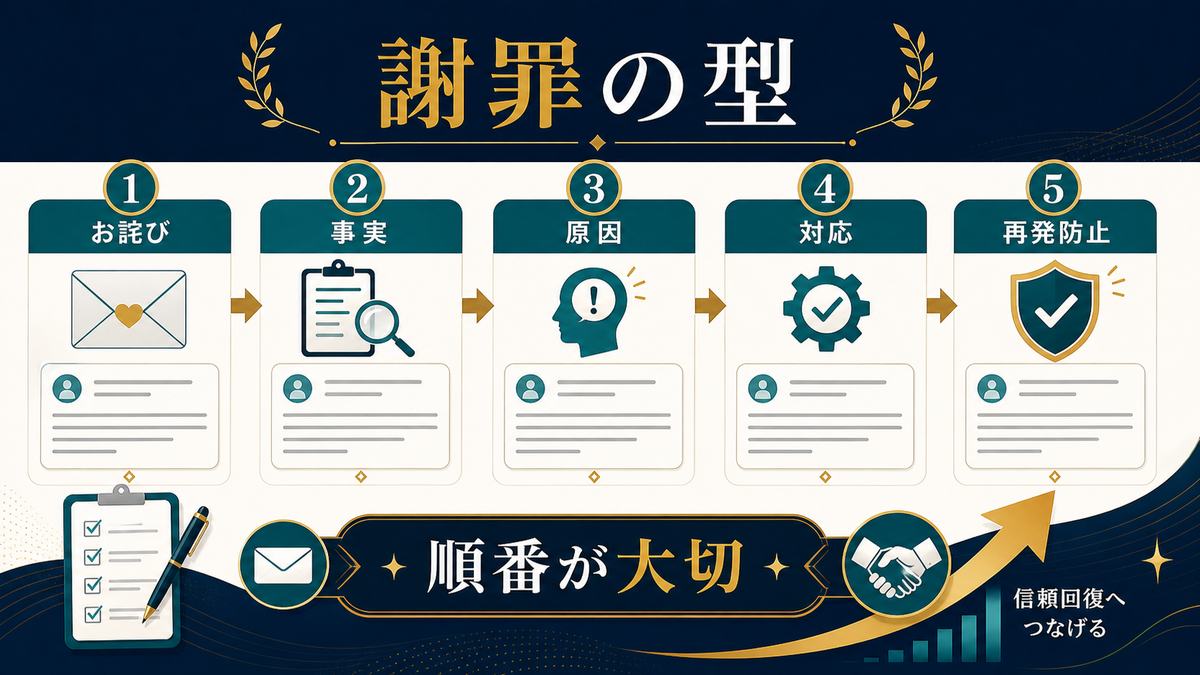 誠意が伝わる謝罪メールをお詫び、事実、原因、対応、再発防止の順番で整える図解