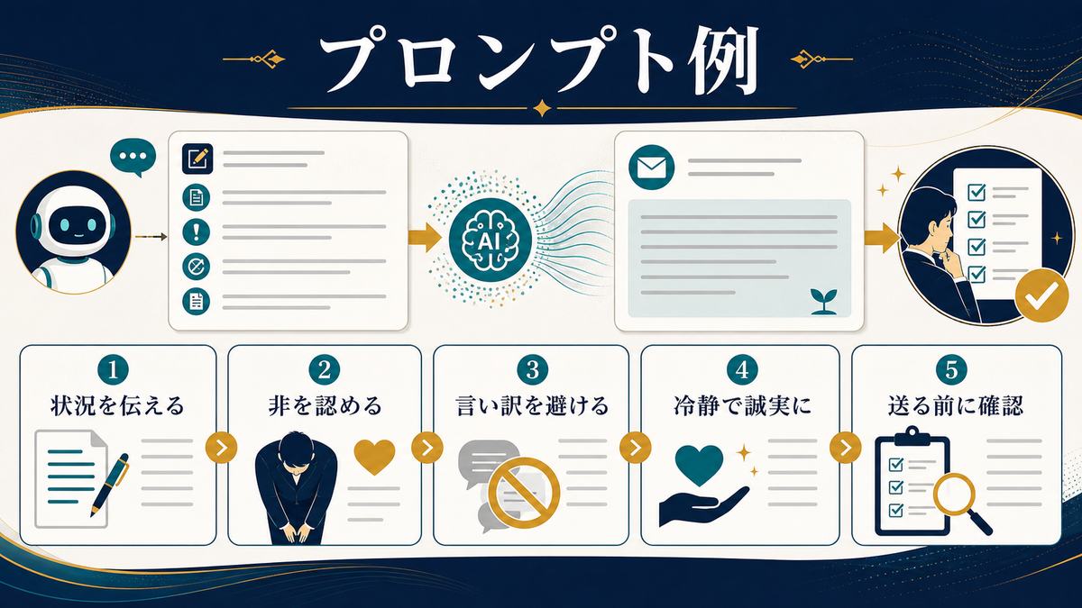 AIで謝罪メールを作るときに状況を伝え非を認め言い訳を避け冷静で誠実に整え送る前に確認するプロンプト図解