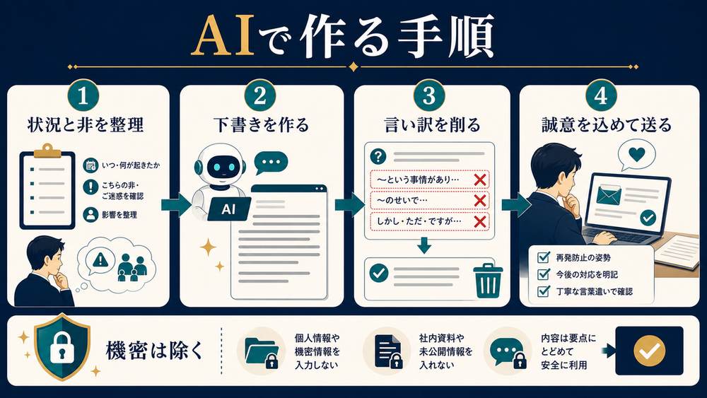 謝罪メールをAIで作るときに状況と非を整理し下書きを作り言い訳を削り誠意を込めて送る手順の図解