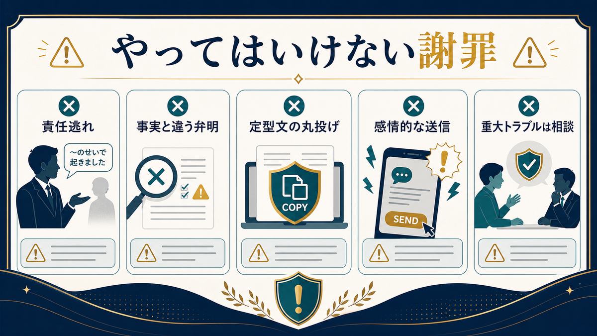謝罪で責任逃れ、事実と違う弁明、定型文の丸投げ、感情的な送信を避け重大トラブルは相談する注意点の図解