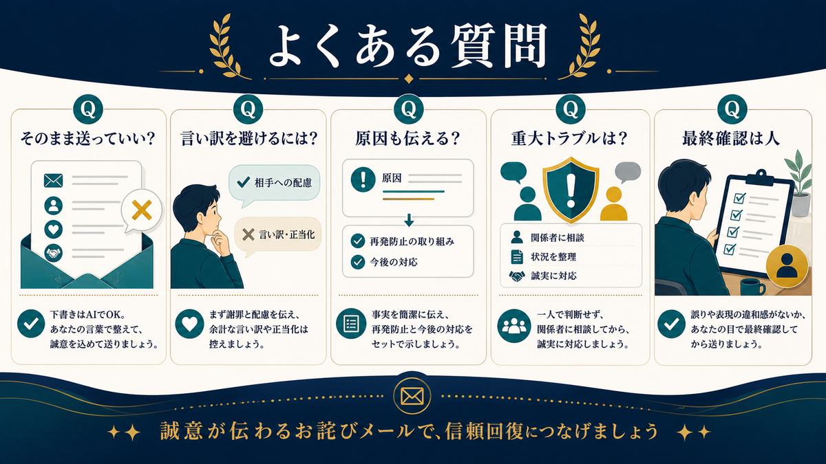 AIで作った謝罪メールをそのまま送ってよいか、言い訳回避、原因説明、重大トラブル、人の最終確認をまとめたFAQ図解