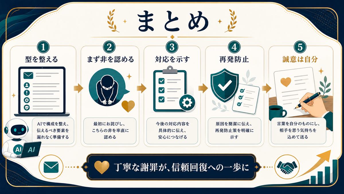 AIで謝罪文の型を整えまず非を認め対応と再発防止を示し誠意は自分で込めるまとめ図解