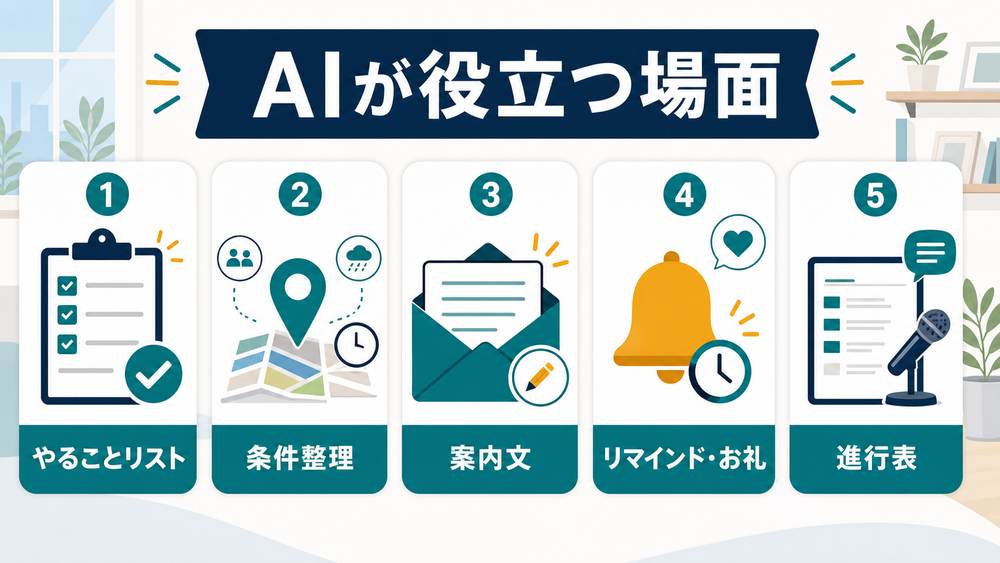 AIが幹事で役立つ場面として、やることリスト、条件整理、案内文、リマインドとお礼、進行表をまとめた図解