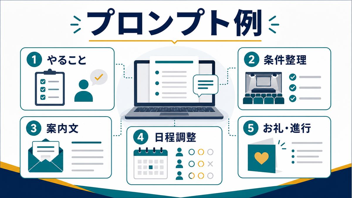 幹事向けAIプロンプト例として、やること、条件整理、案内文、日程調整、お礼と進行を整理した図解
