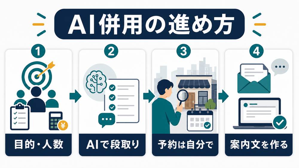 幹事の進め方として、目的と人数を決め、AIで段取りを整理し、予約は自分で確認し、案内文を作る手順の図解